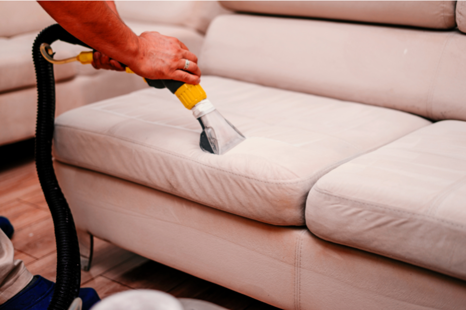 professional upholstery cleaner cleaning a sofa